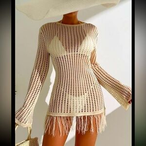 Hollow Out Tassel Trim Dress, Sexy Beach Wear Long Sleeve Cover Up Dress